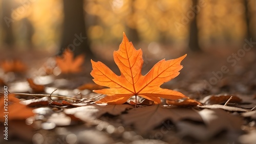 Gorgeous close-up of an orange fall maple leaf in a natural park  softly focused in the sunlight