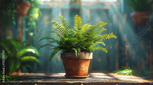 portrayal of a lush green fern plant in a simple clay pot, capturing the intricate fronds and rich foliage in cinematic 16k detail. photo