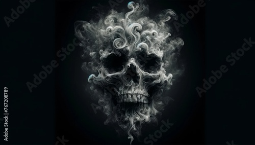 A ghostly smoke skull emerging in a swirl of smoke against a pitch-black background.