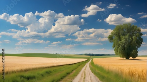 Gorgeous pastoral scene in rural banner format including a meadow and a large field of wheat separated by a vacant asphalt road against a blue summer sky.