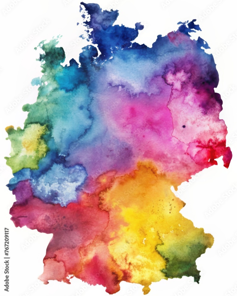 Artistic watercolor rendition of Germany map - A striking map of Germany emerges from bold watercolor shades, symbolizing the country's vibrant culture and heritage