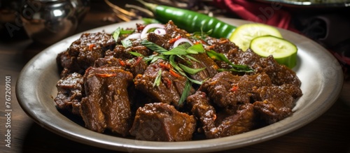 A delicious dish of gosht and vegetables, perfect for a hearty meal. The meat and vegetables are wellcooked and served in a bowl on the table photo