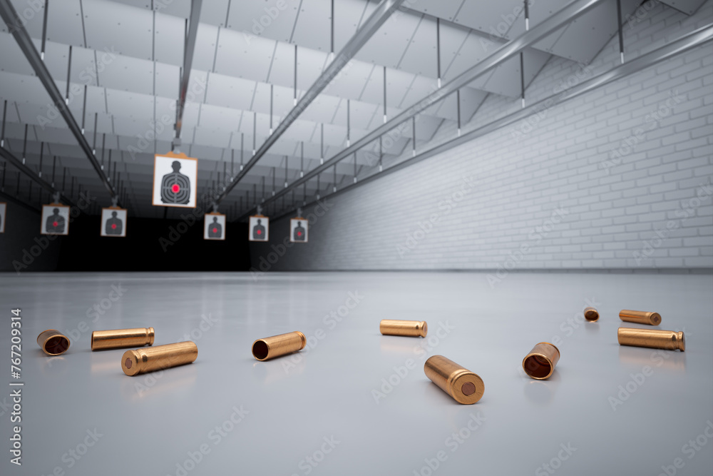 Detailed View of Scattered Bullet Casings at an Indoor Firing Range Target Area