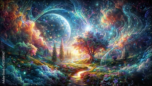 A breathtaking cosmic landscape with swirling, vibrant colors, celestial orbs, and otherworldly flora, depicting a surreal and imaginative world filled with wonder and the harmonious coexistence.