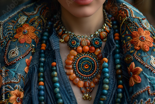 close up of a woman with beads