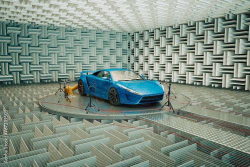 High-Performance Blue Sports Car Undergoes Precision Acoustic Testing in Lab