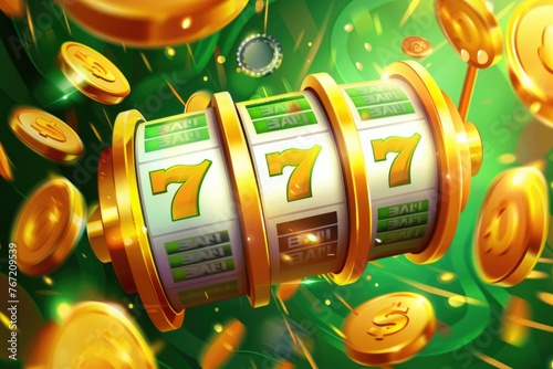 A cartoon 3-reel slot displaying white 9s on green, surrounded by swirling golden coins photo