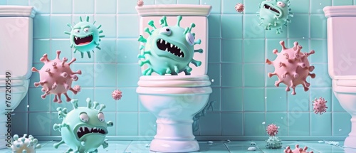 Viruses with menacing faces lurking around a classic toilet, set against a background of pastel bathroom tiles to juxtapose innocence with the threat of contamination , 3D illustration photo