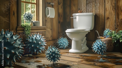 Spiky, jeweltoned viruses clustering around a traditional toilet in a cozy, woodpaneled bathroom, juxtaposing natural materials with the unnatural threat of germs , 3D illustration photo