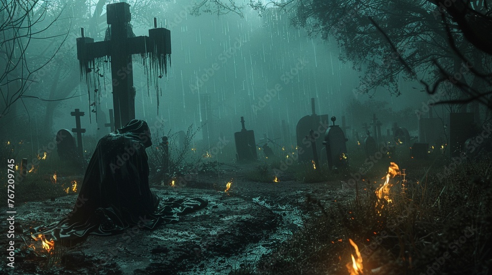 A lone figure in a cloak kneels in a misty rain-soaked graveyard before a cross - obrazy, fototapety, plakaty 