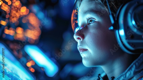 Young child wearing headphones engrossed in a colorful glowing screen possibly a video game or virtual reality experience.
