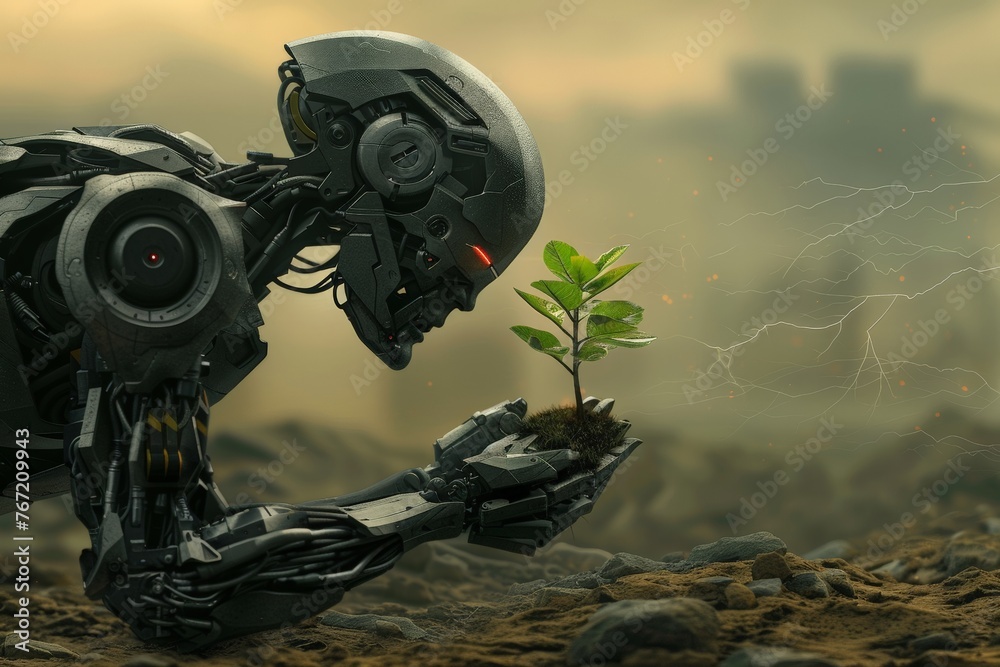 Solemn robot on barren land examines sapling amidst dust and soft thunder, implying regeneration amidst desolation. Android on a desolate earth carefully holds a young plant Solemn robot on barren land examines sapling amidst dust and soft thunder, implying regeneration amidst desolation. Android on a desolate earth carefully holds a young plant
