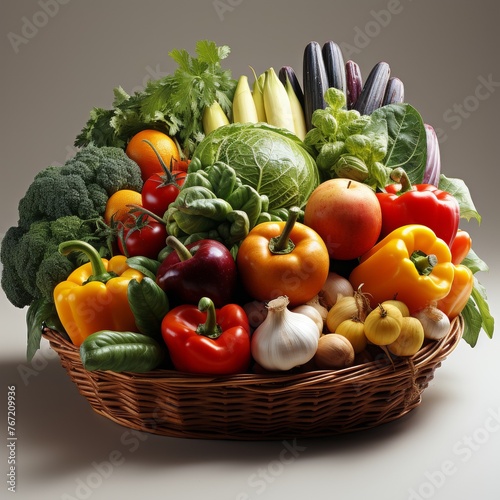 A large basket of fresh vegetables on a white background.