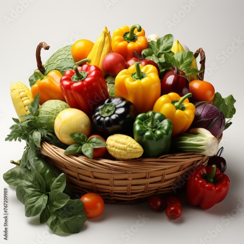 A large basket of fresh vegetables on a white background.