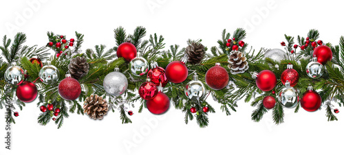 Extra wide Christmas border with hanging garland of fir branches, AI Generative.