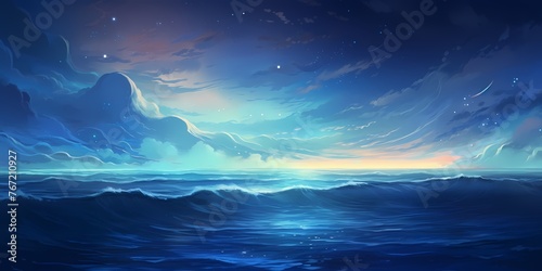 A soothing gradient waves artwork, blending from cerulean to midnight blue, creating a peaceful depiction of waves gently lapping against the shore under a starry sky. photo