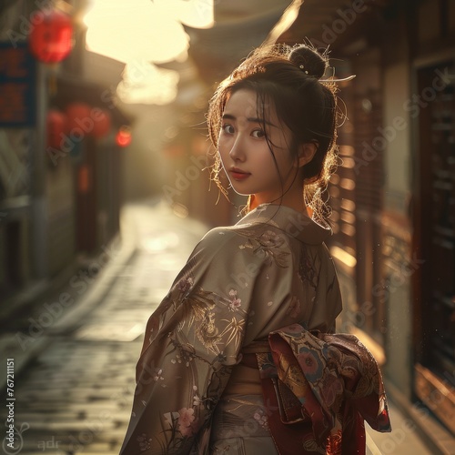 Portrait of a beautiful young geisha in a kimono.
