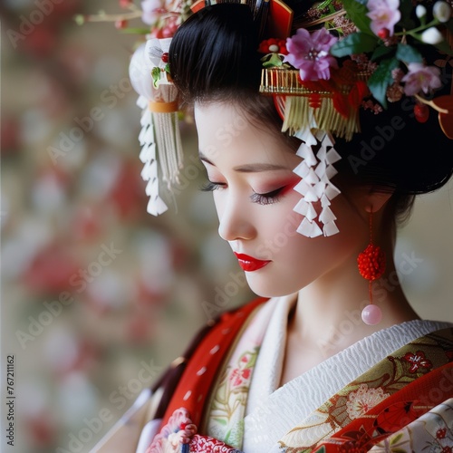 Portrait of a beautiful young geisha in a kimono.