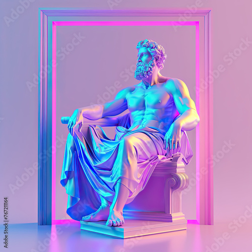 3D Greek god Zeus, in the style of neon color palette, vibrant gradients, retrofuturistic style, sitting in front of an empty picture frame, on a vibrant gradient