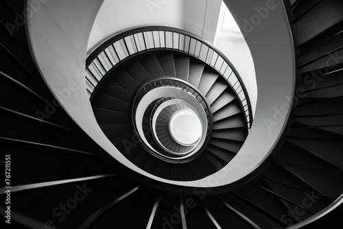 Spiral staircase from a low angle, highlighting the curves and architectural details.