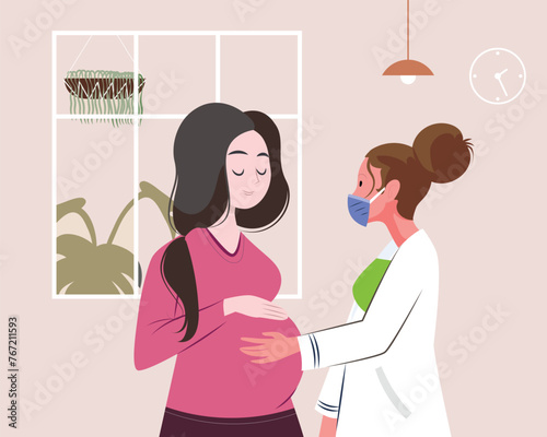 Illustration of pregnant brunette woman visiting female doctor in clinic
