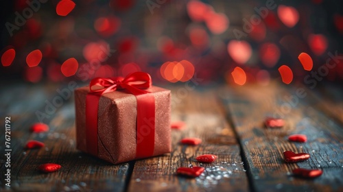 Red Gift Box on Wooden Table