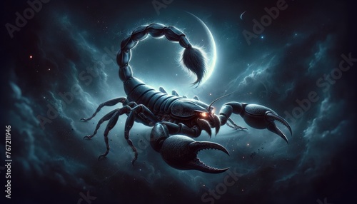 Scorpion with a human face under a full moon