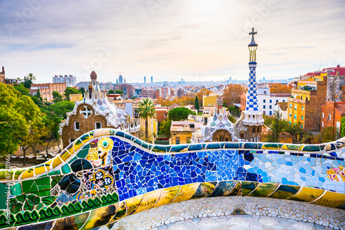 Park Guell in Barcelona, Spain. Beautiful cityscape at sunrise. photo
