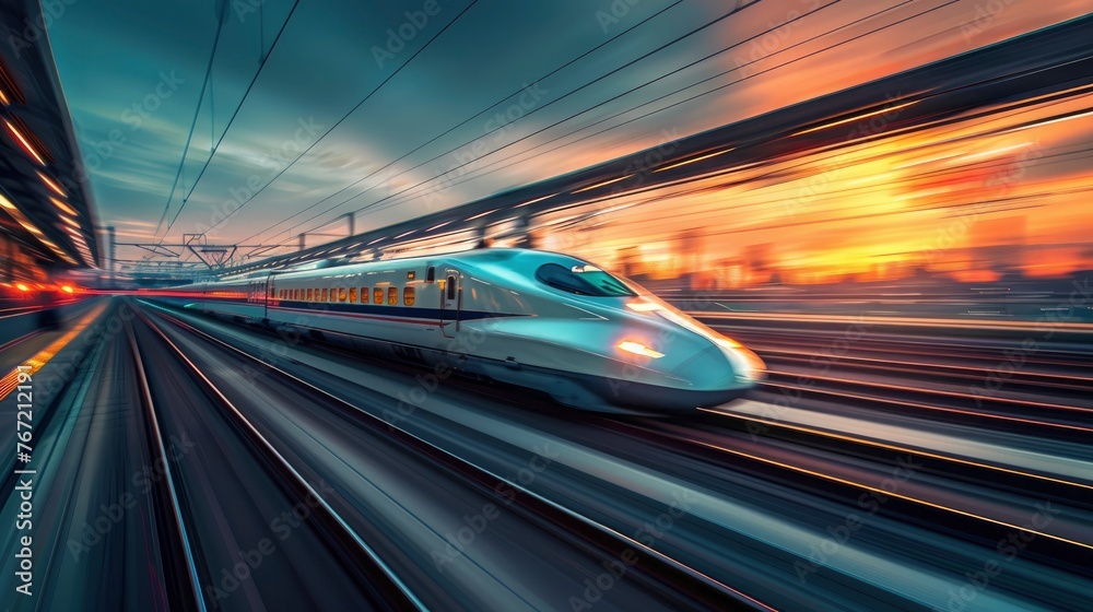 A sleek, high-speed bullet train moving along the tracks, its motion blurred against the stationary landscape