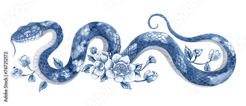 Snake and flowers hand drawn illustration. Blue and white oriental style Chinese New Year 2025 Zodiac Snake