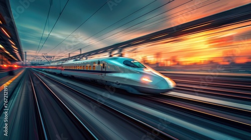 A sleek, high-speed bullet train moving along the tracks, its motion blurred against the stationary landscape