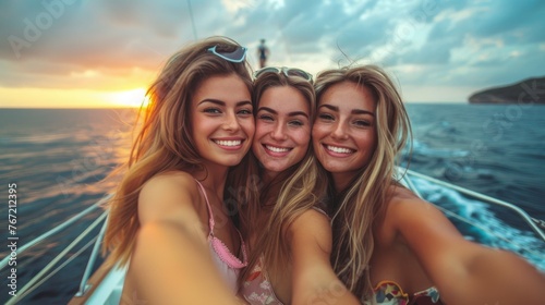 Three Girls Riding on Boat in the Ocean