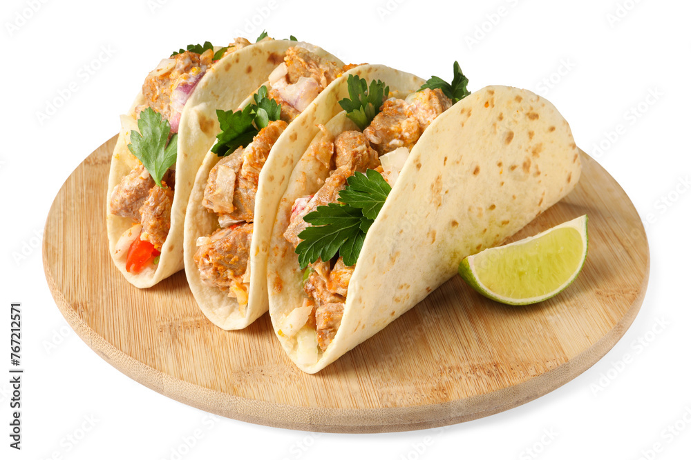 Delicious tacos with meat and parsley isolated on white Delicious tacos with meat and parsley isolated on white