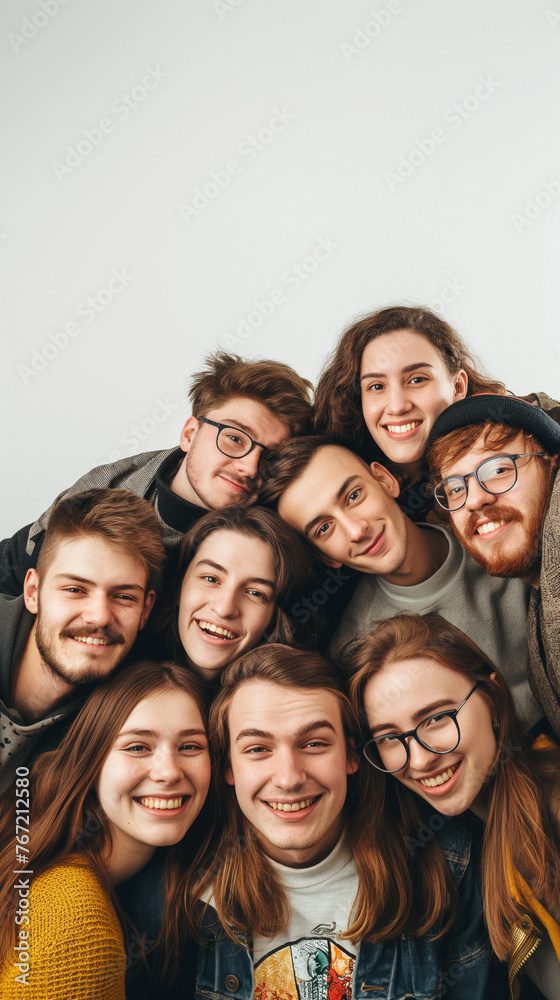 A group of friends. In the photo on a white background, be sure to leave space for text. The photo will symbolize friendship