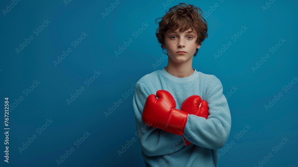 Young Boy in Red Boxing Gloves Young Boy in Red Boxing Gloves