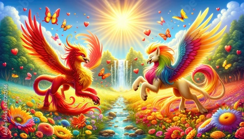 Mythical Phoenix and Unicorn in a Magical Flower Meadow