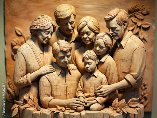 Carved Wooden Family Sculpture in Intimate Gathering