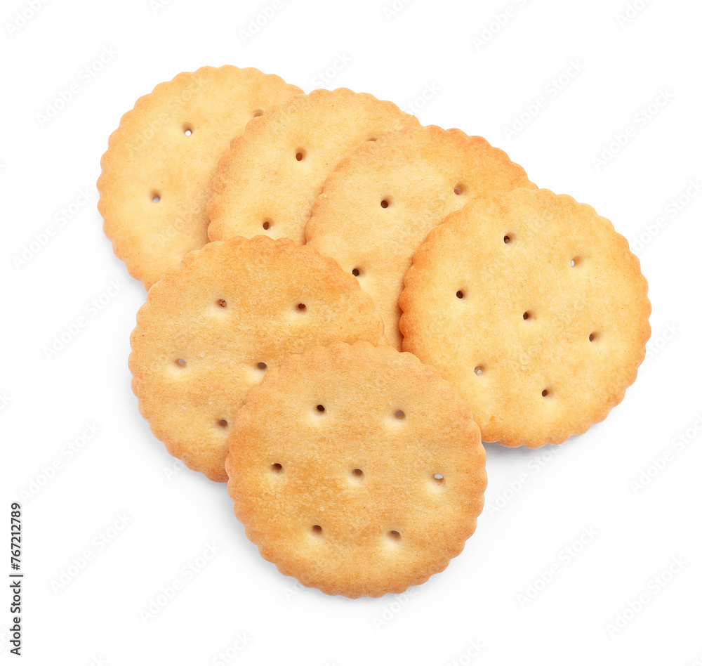 Tasty crispy round crackers isolated on white, top view Tasty crispy round crackers isolated on white, top view