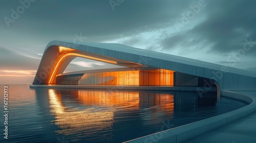 A sleek, modern bridge architecture at twilight, with the structure illuminated by ambient, artificial lights