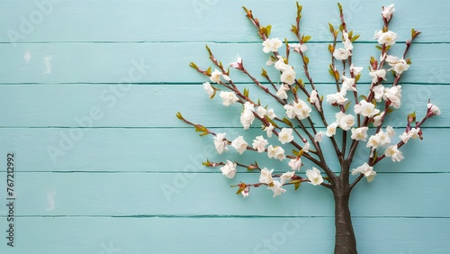 Spring white cherry blossom tree pastel mint wooden background