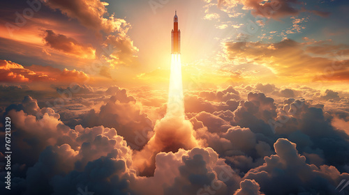 Rocket flying into space against the backdrop of a beautiful and bright sunset