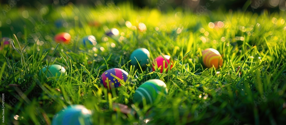 Colorful eggs hidden in vibrant green grass Colorful eggs hidden in vibrant green grass