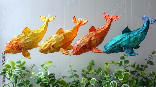 vibrant charm of a colorful whale mobile against a grey backdrop, where multiple whales seem to float gracefully in the air, creating a whimsical and enchanting scene.