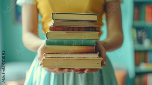 Woman Holding a Stack of Books