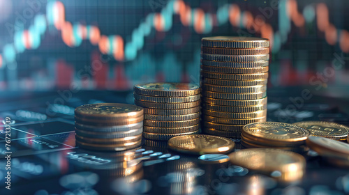 digital background with stacks of coins and financial graphs, blue arrows pointing upwards in the corners of the photo with green numbers above them indicating growth or the style of an online busines photo