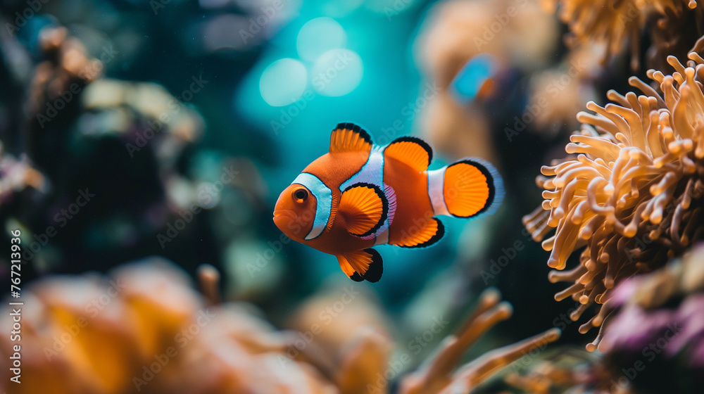 Bright clown fish swims among a variety of corals in the bright blue ocean Bright clown fish swims among a variety of corals in the bright blue ocean