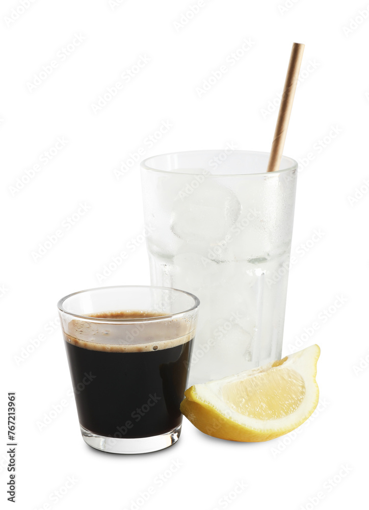 Coffee and ice cubes in different glasses, cut lemon isolated on white Coffee and ice cubes in different glasses, cut lemon isolated on white
