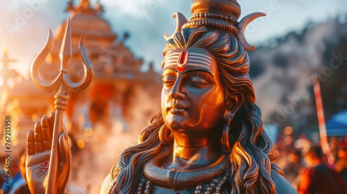 Statue of head of indian hindu Lord Shiva hand holding Trident sitting on mountaint in sunset sunris