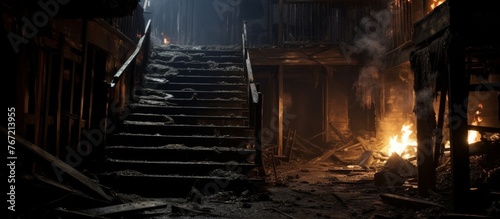 A dimly lit room with wooden stairs leading up, a crackling fire in the background illuminating the forest landscape outside, creating a cozy yet eerie atmosphere