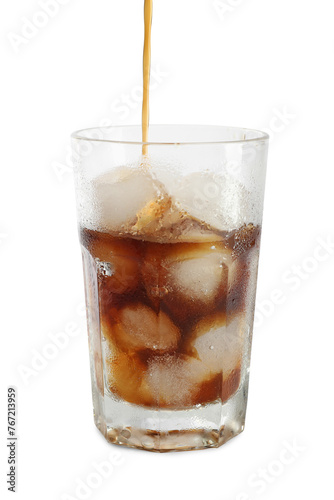 Pouring coffee into glass of ice cubes on white background